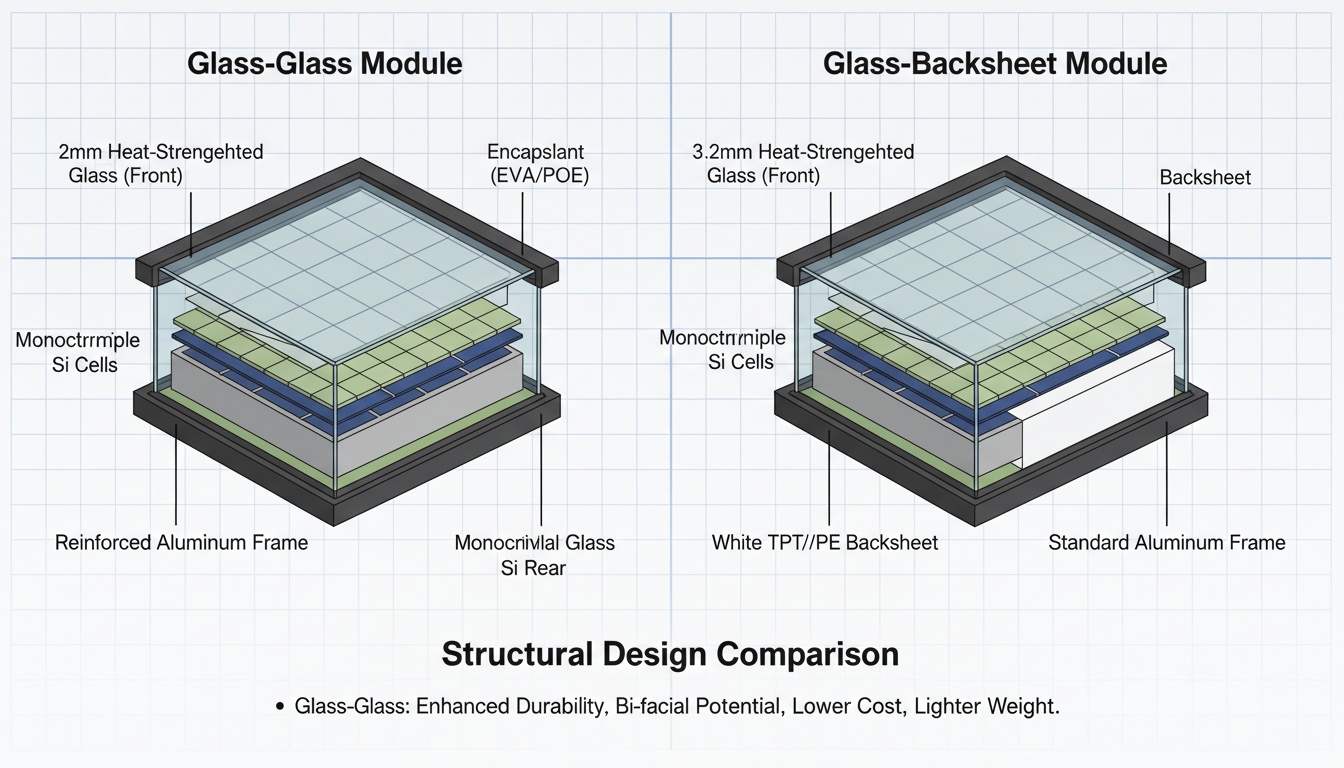 Glass-glass and glass-backsheet solar module structural design comparison showing front glass encapsulant silicon cells rear glass backsheet and aluminum frame differences